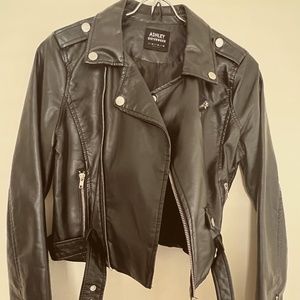 Ashley Outerwear: Black Faux Leather Jacket Silver Zippers Lightly Used